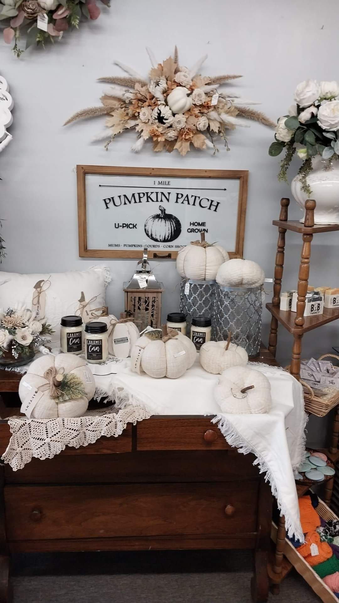 A table with white pumpkins and a sign that says pumpkin patch on it.