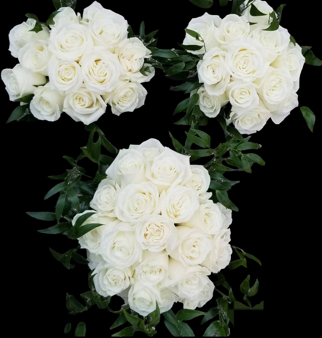 Three bouquets of white roses with green leaves on a black background
