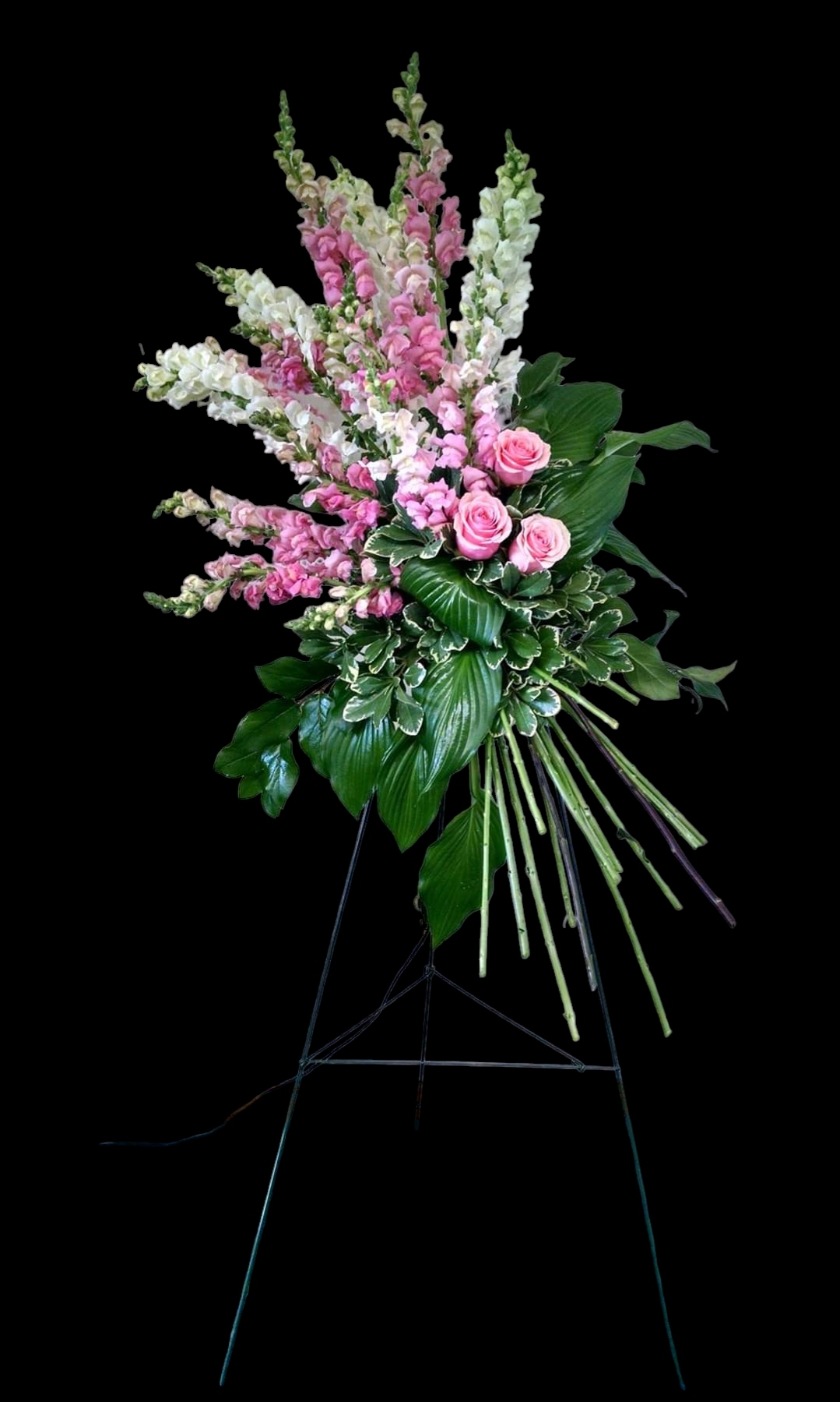 A large bouquet of flowers with a pink ribbon on a black background.