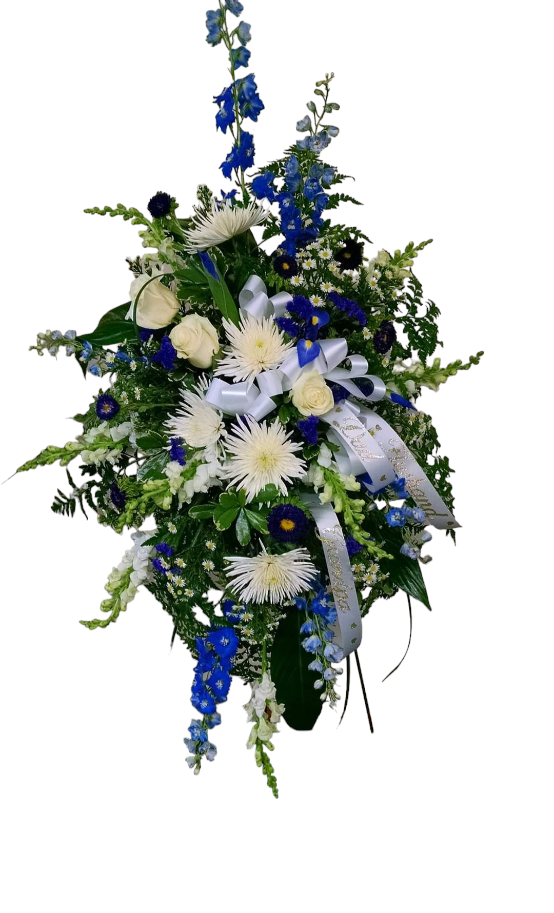 A bouquet of blue and white flowers with a ribbon on a white background.