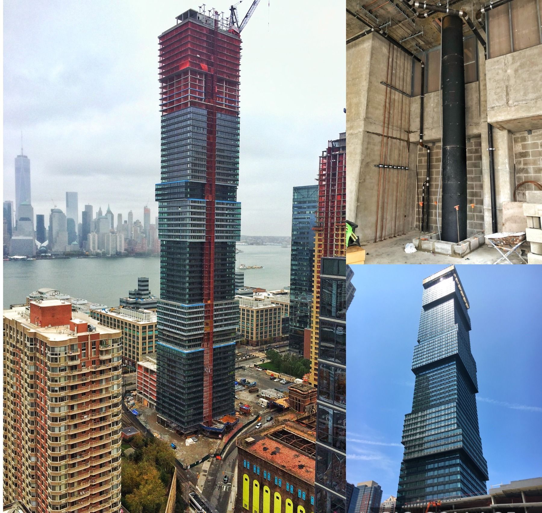 High-rise building under construction in city, surrounded by other buildings, NYC skyline in the background.