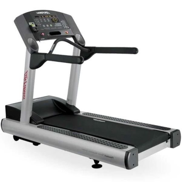 Black and silver treadmill with console and handlebars on a white background
