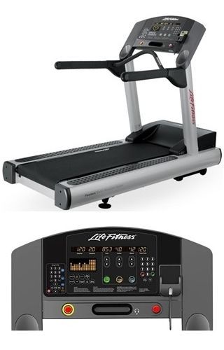 Treadmill with black running belt, silver frame, and digital control console displayed at an angle.