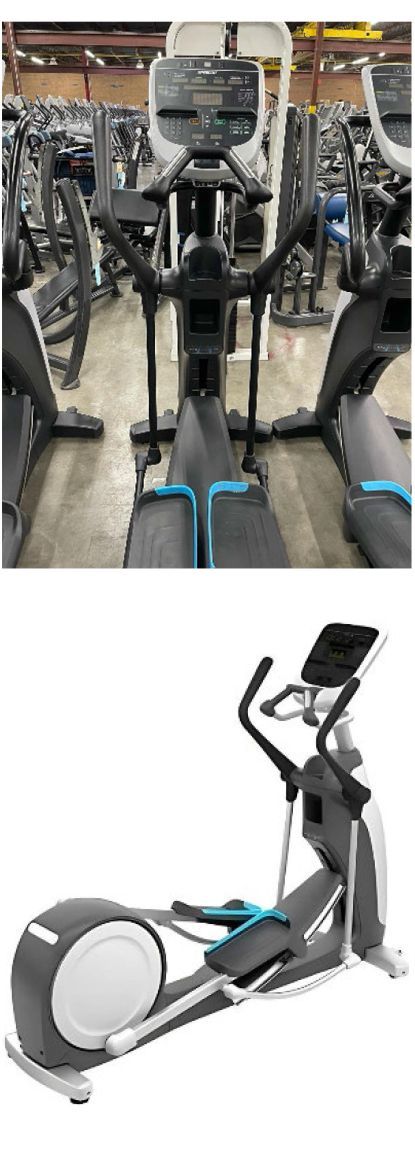 Elliptical exercise machine in a gym, shown front view and side view on white background