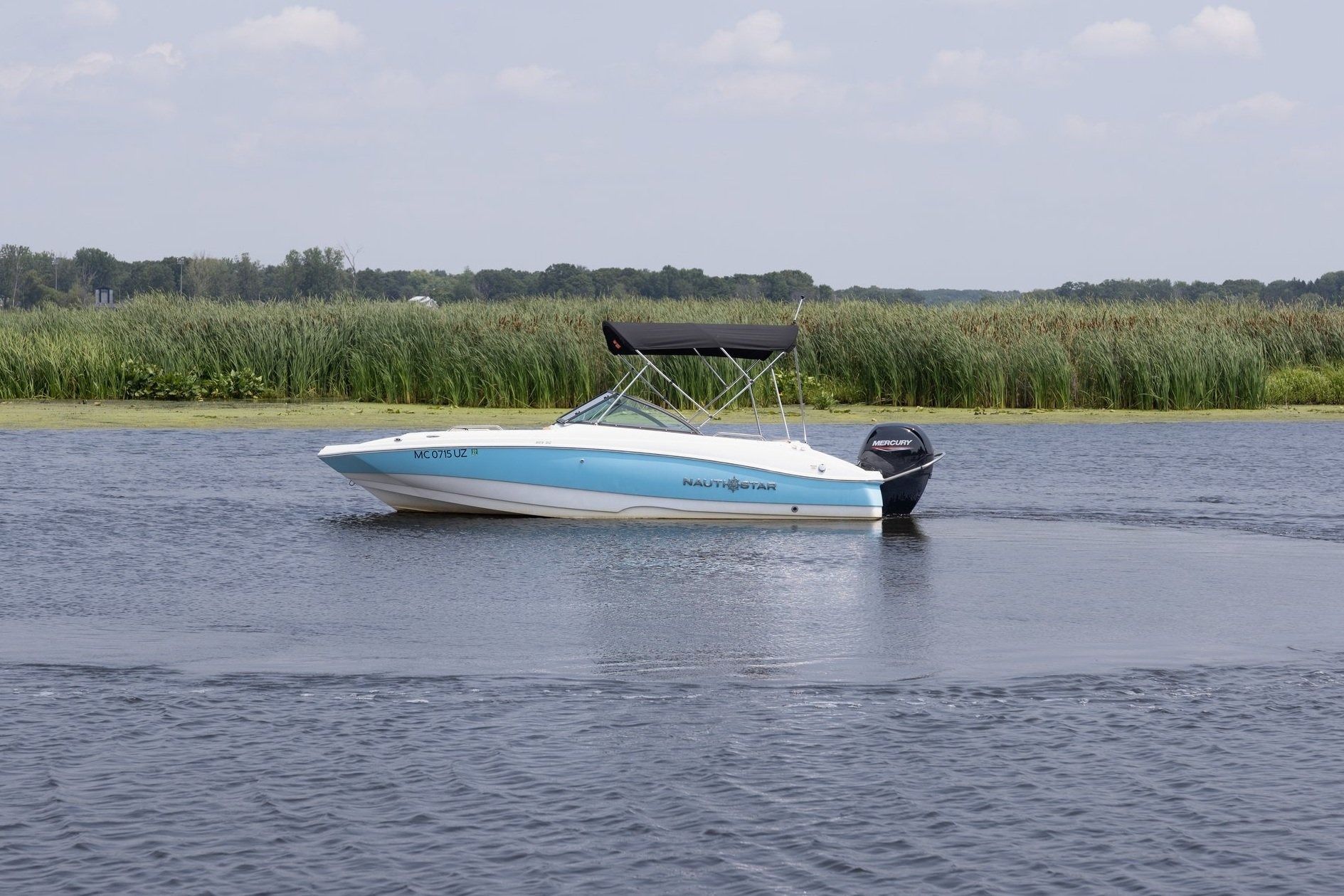 A blue and white boat is floating on a lake