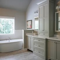 Modern bathroom with freestanding tub, light gray vanity, and large window