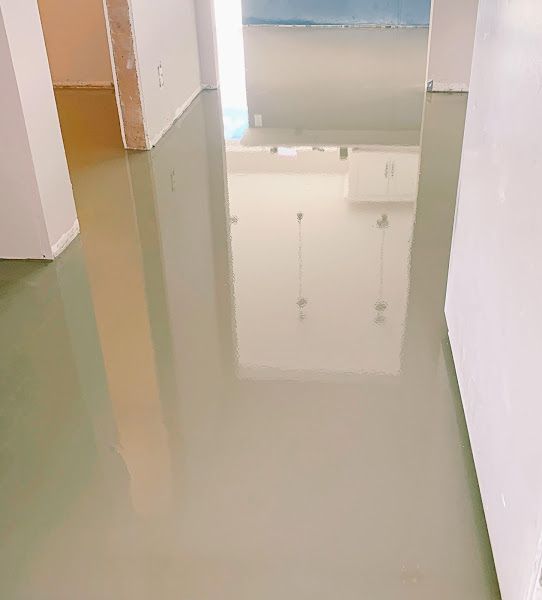 Flooded interior hallway with still, pale green water reflecting the walls and doorway.