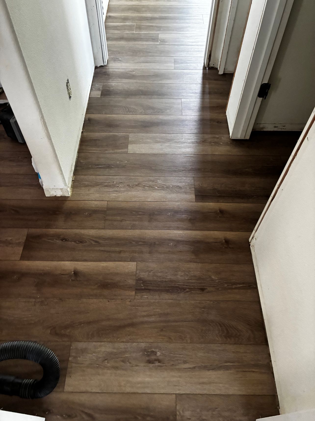 Wood-look laminate hallway floor with white door frames and a dark object at the lower left corner