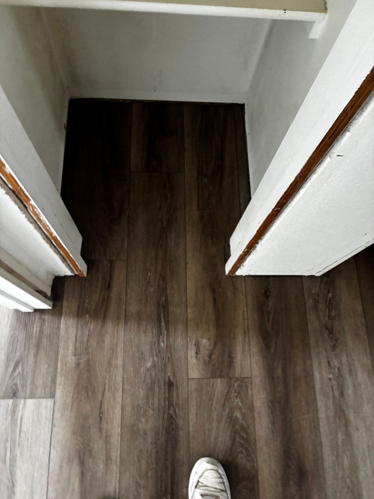 View into a narrow closet with dark wood flooring and white walls, seen from a doorway.