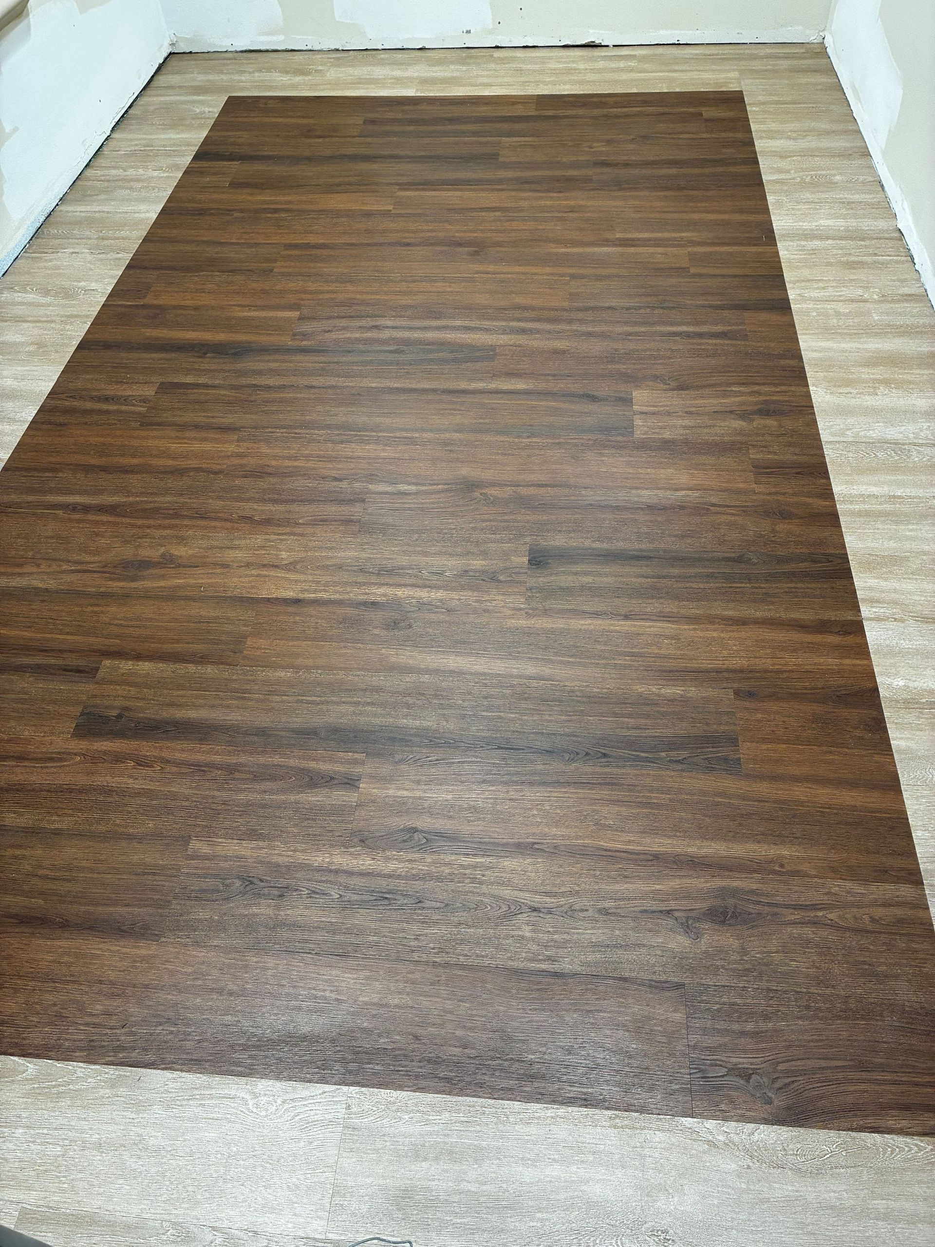 Brown rectangular rug on a light-colored floor in a narrow room.