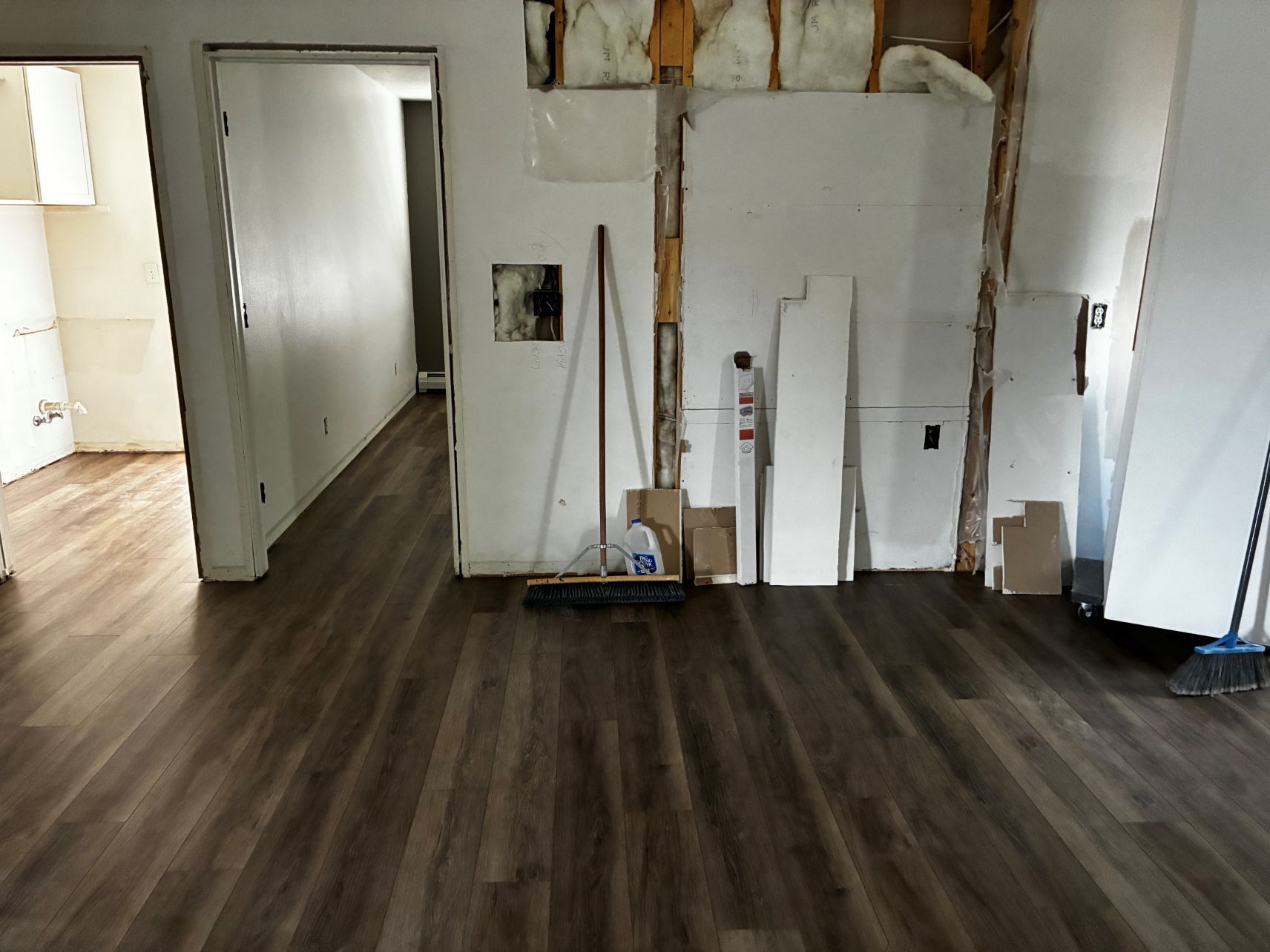 Empty room under renovation with exposed wall studs, dark wood floor, and white walls.
