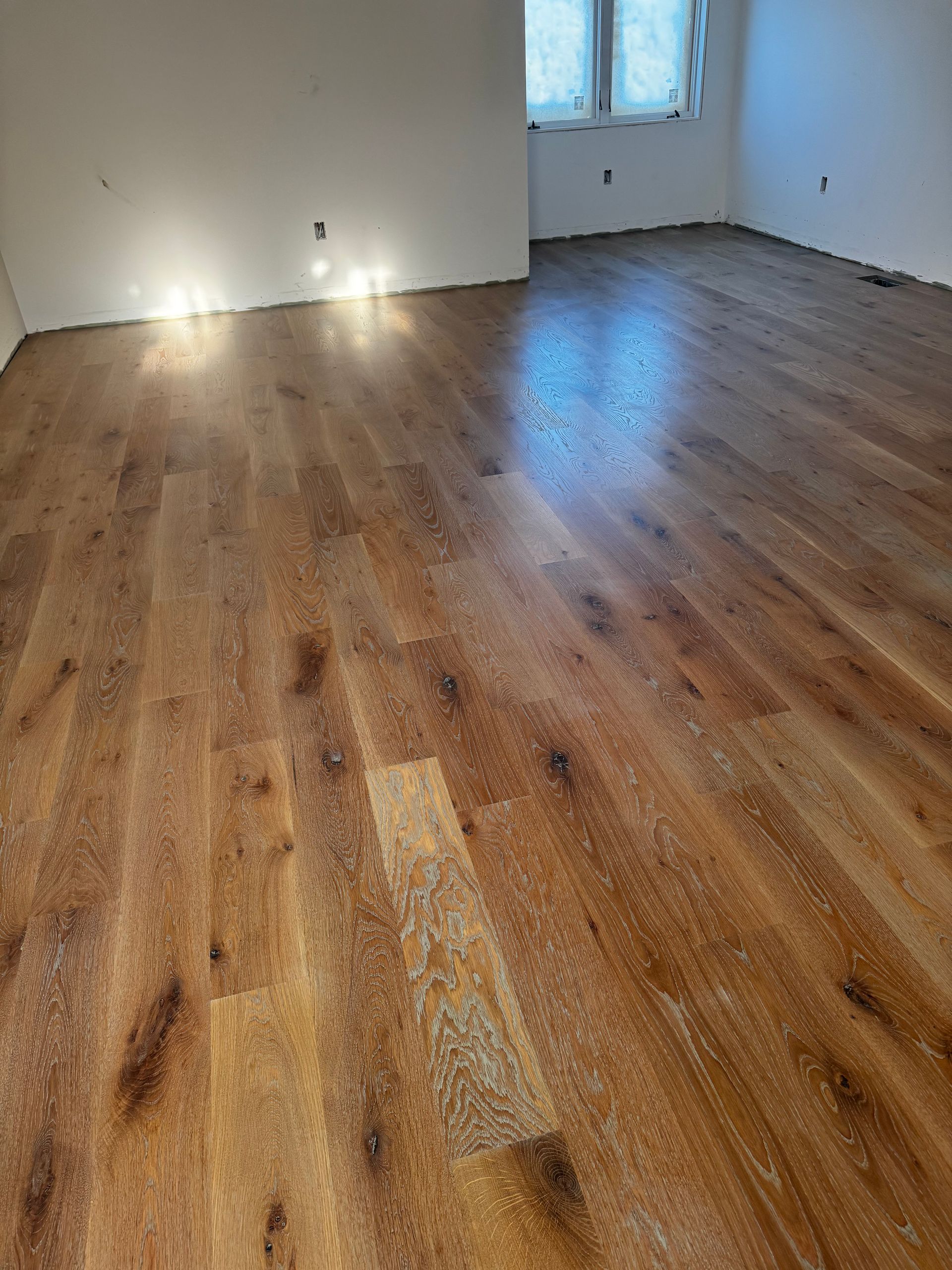 Empty room with wood floors, white walls, and a windowed door letting in sunlight.