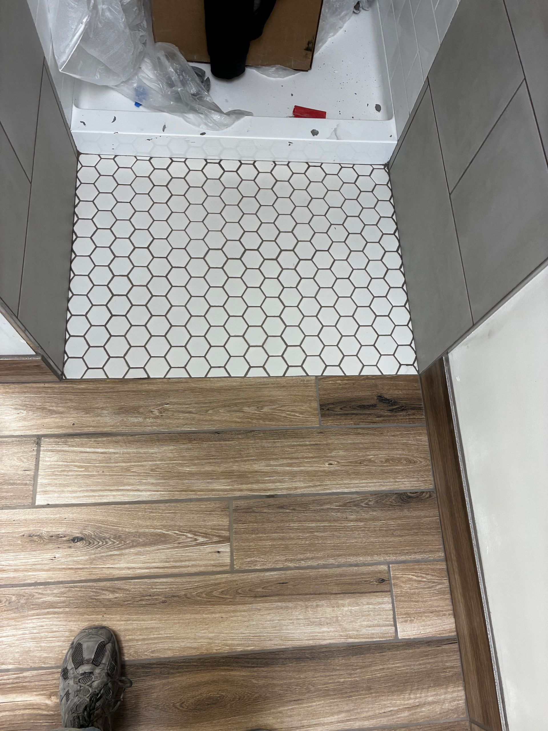 Bathroom doorway with wood-look floor, hex tile threshold, and a small black dog at the bottom edge