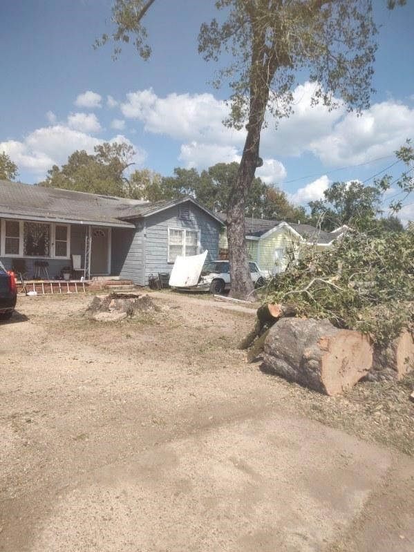 A house with a tree stump in front of it
