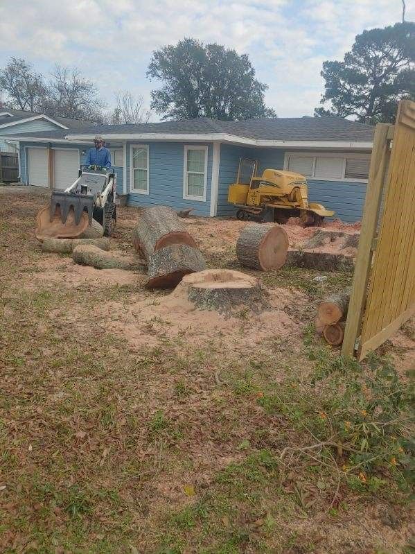 A tractor is cutting down a tree in front of a house.