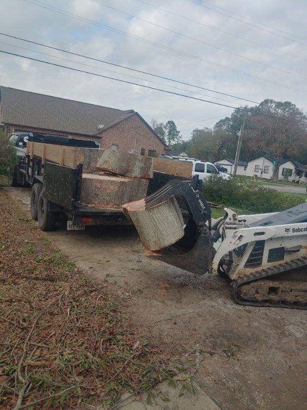 A bulldozer is loading a tree stump into a trailer.