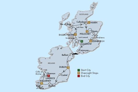 A map of Scotland and Ireland showing the start city and overnight stops