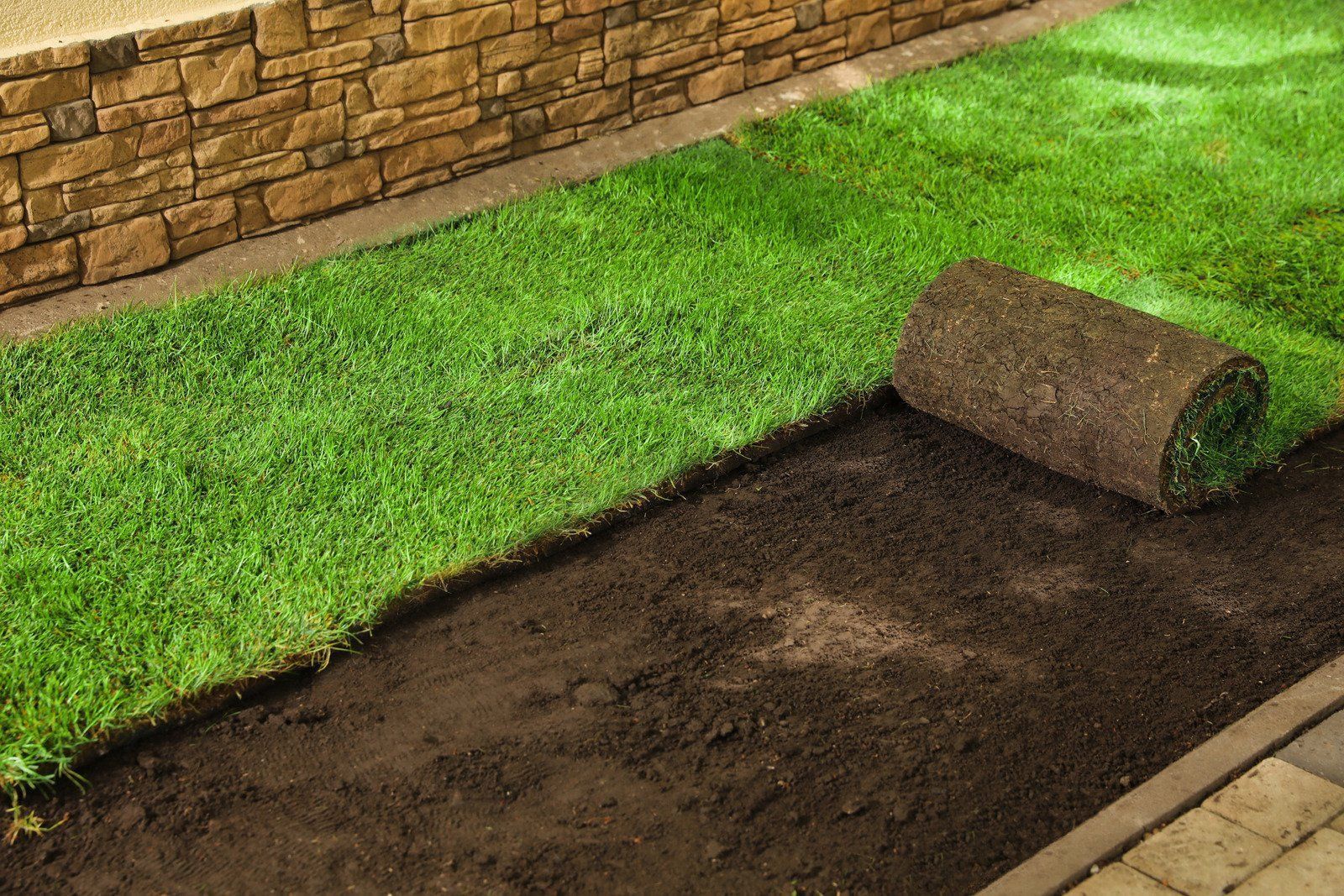 A rolled turf section being laid over a dark soil patch beside a stone wall and paved path.