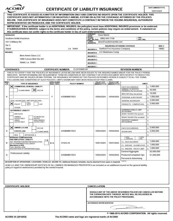 Certificate of liability insurance