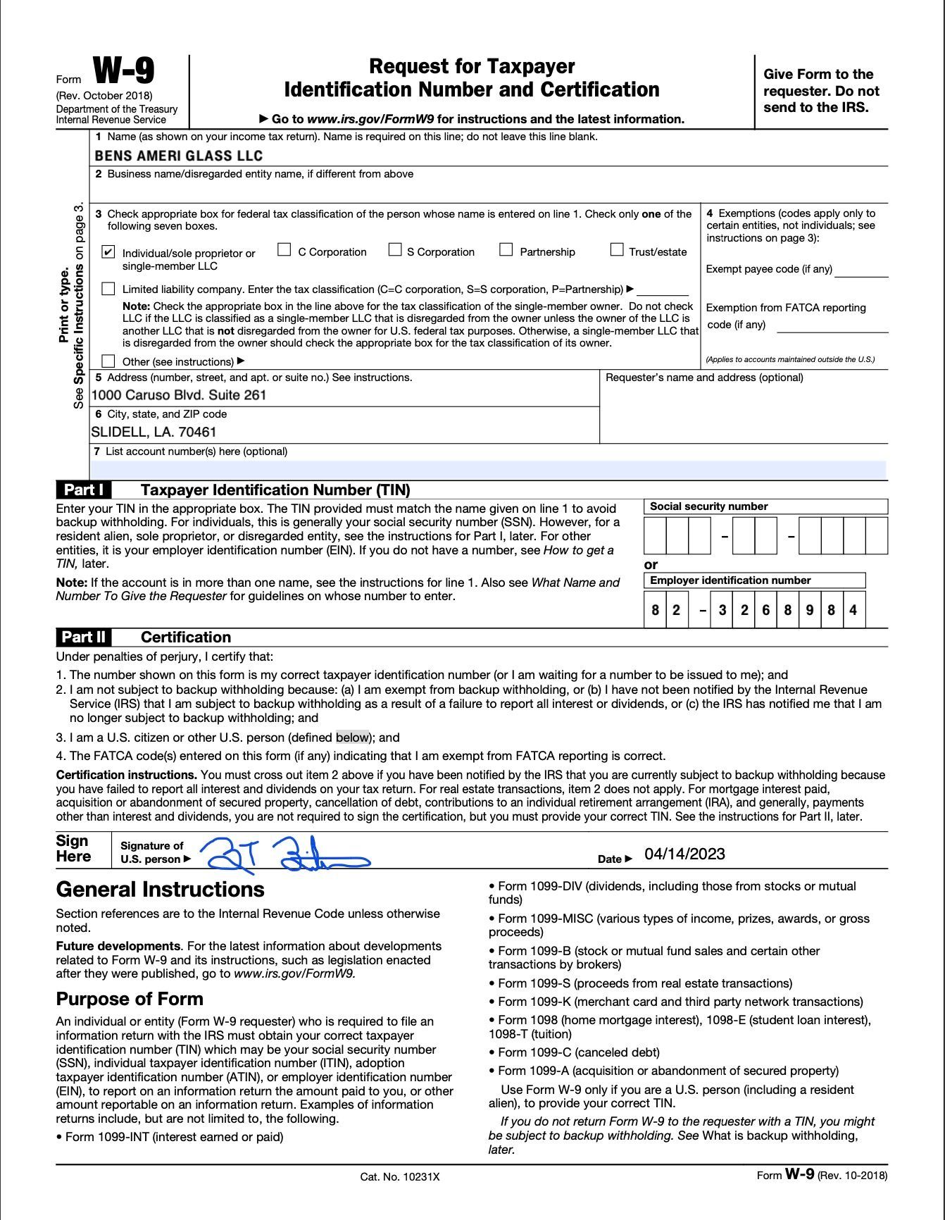 Request for taxpayer identification number and certification form