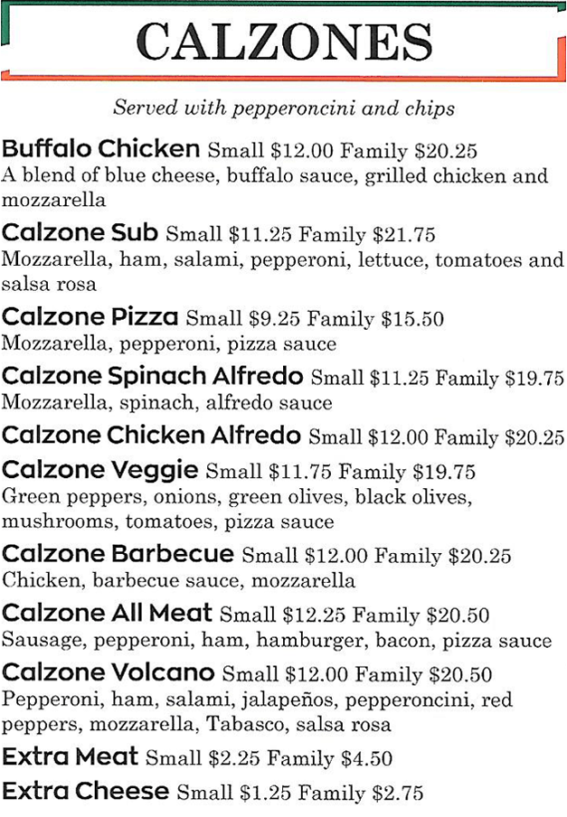 Calzone  menu