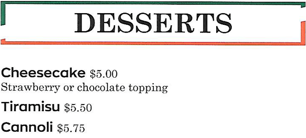 Dessert menu