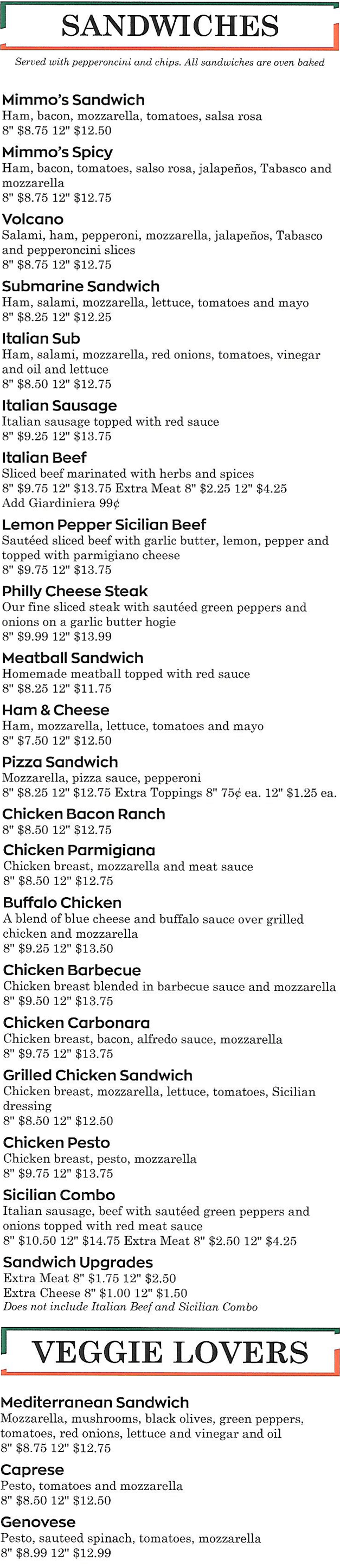 Sandwiches menu