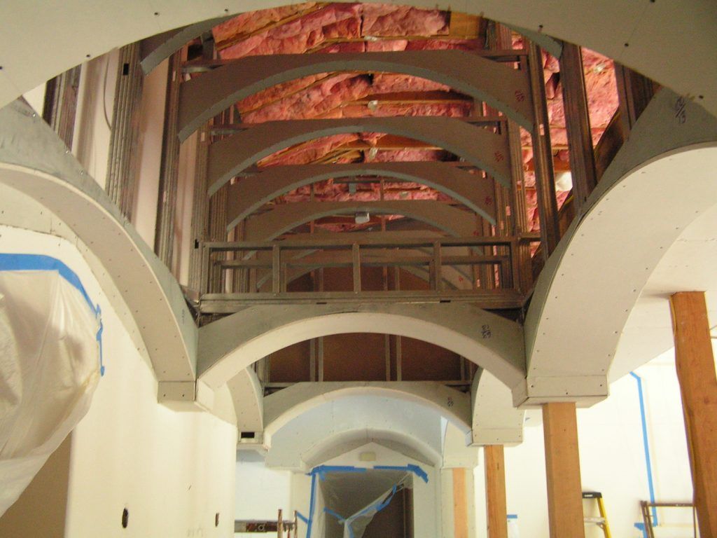 Looking up at the ceiling of a building under construction
