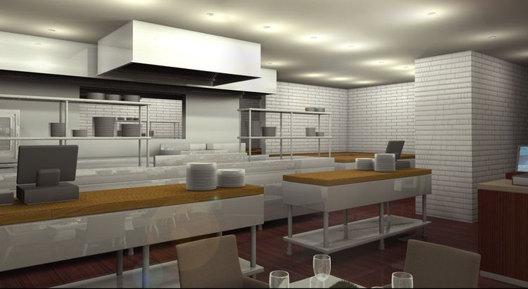 An artist 's impression of a restaurant kitchen with tables and chairs