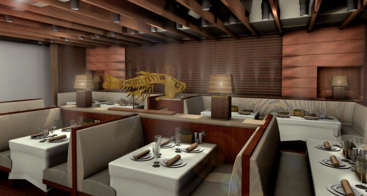 An artist 's impression of a restaurant with tables and booths