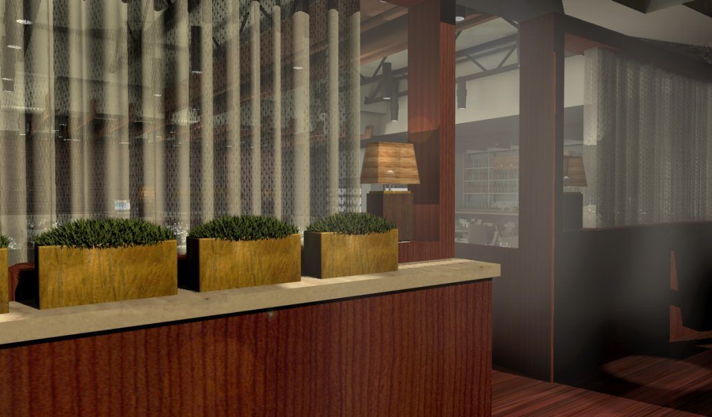 A rendering of a restaurant with a wooden counter and planters.