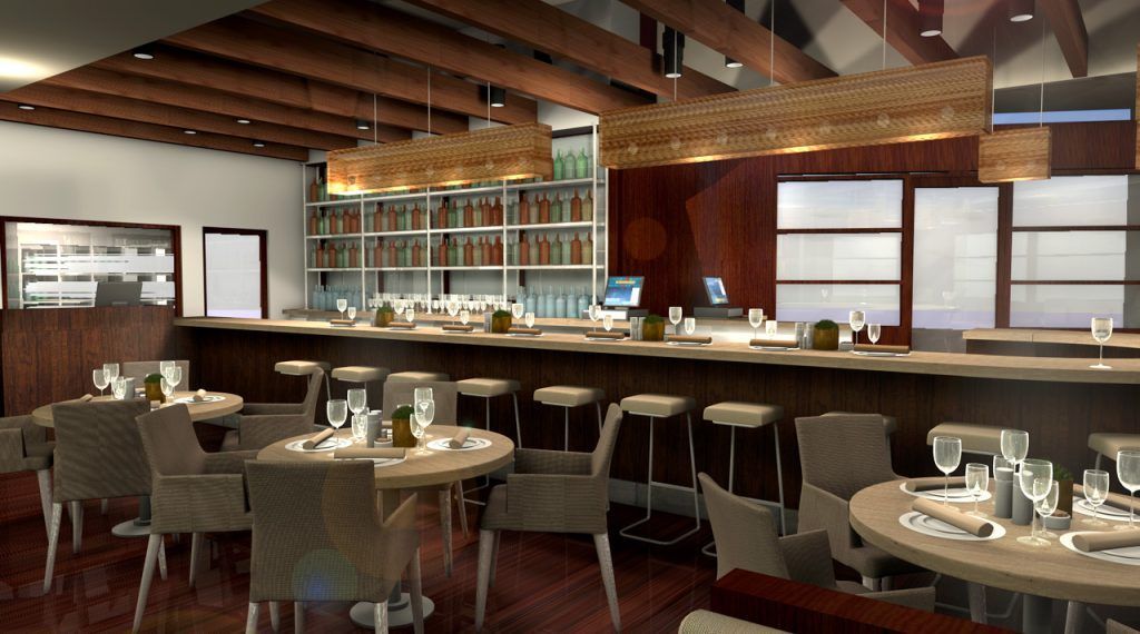 An artist 's impression of a restaurant with tables and chairs