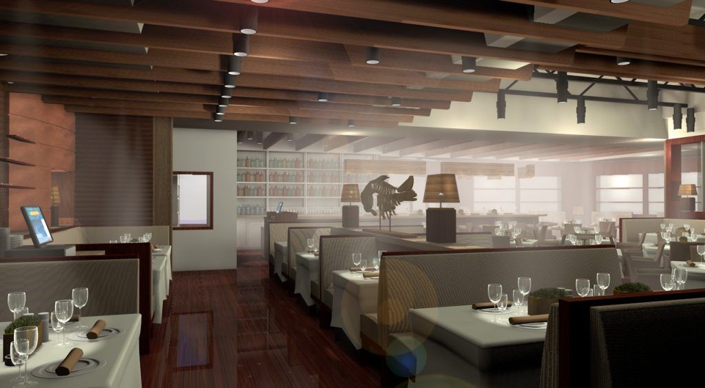 An artist 's impression of a restaurant with tables and booths