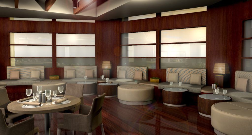 An artist 's impression of a restaurant with tables and chairs