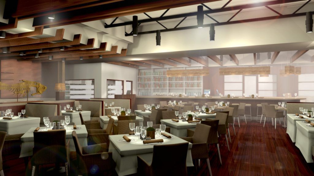 An artist 's impression of a restaurant with tables and chairs