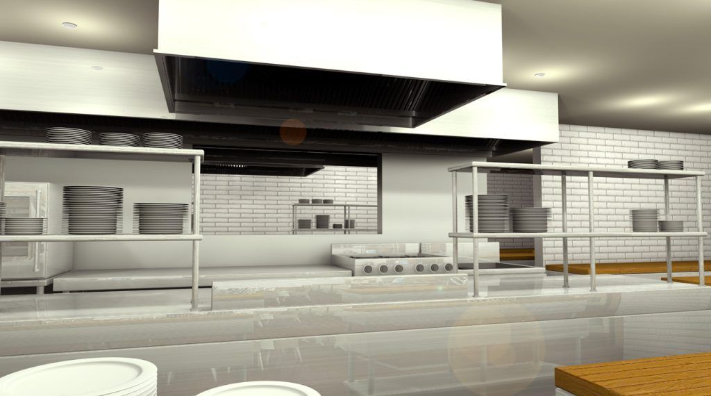A computer generated image of a kitchen with stainless steel appliances.