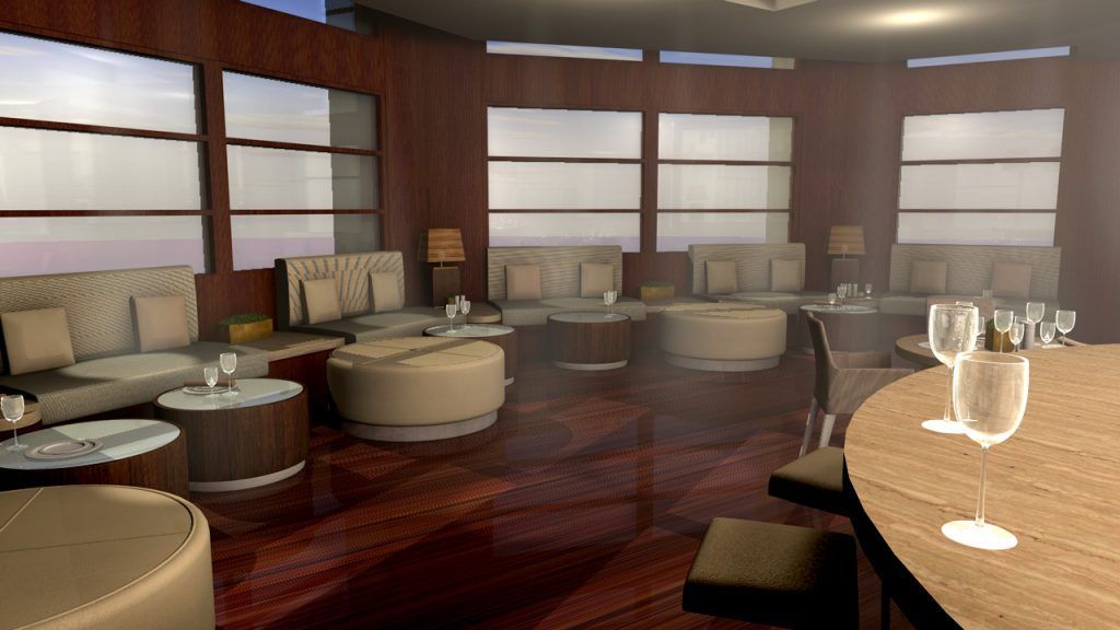 A computer generated image of a living room with a table and chairs