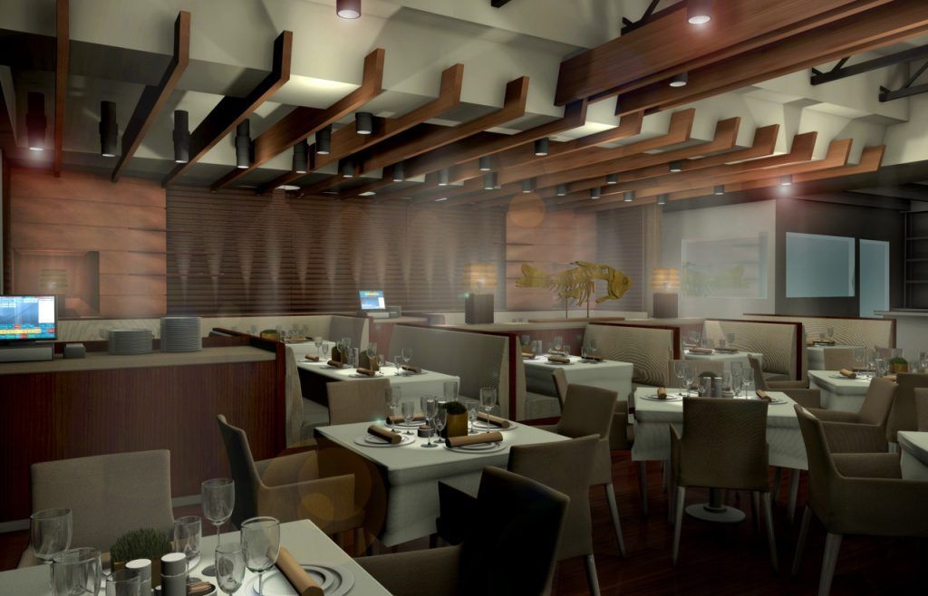 An artist 's impression of a restaurant with tables and chairs