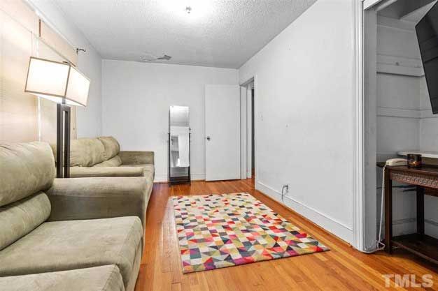 A living room with a couch , chair , rug and television.
