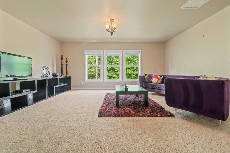 A living room with a couch , coffee table , and television.
