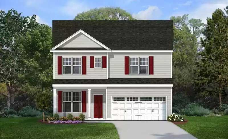 A white house with red shutters and a black roof