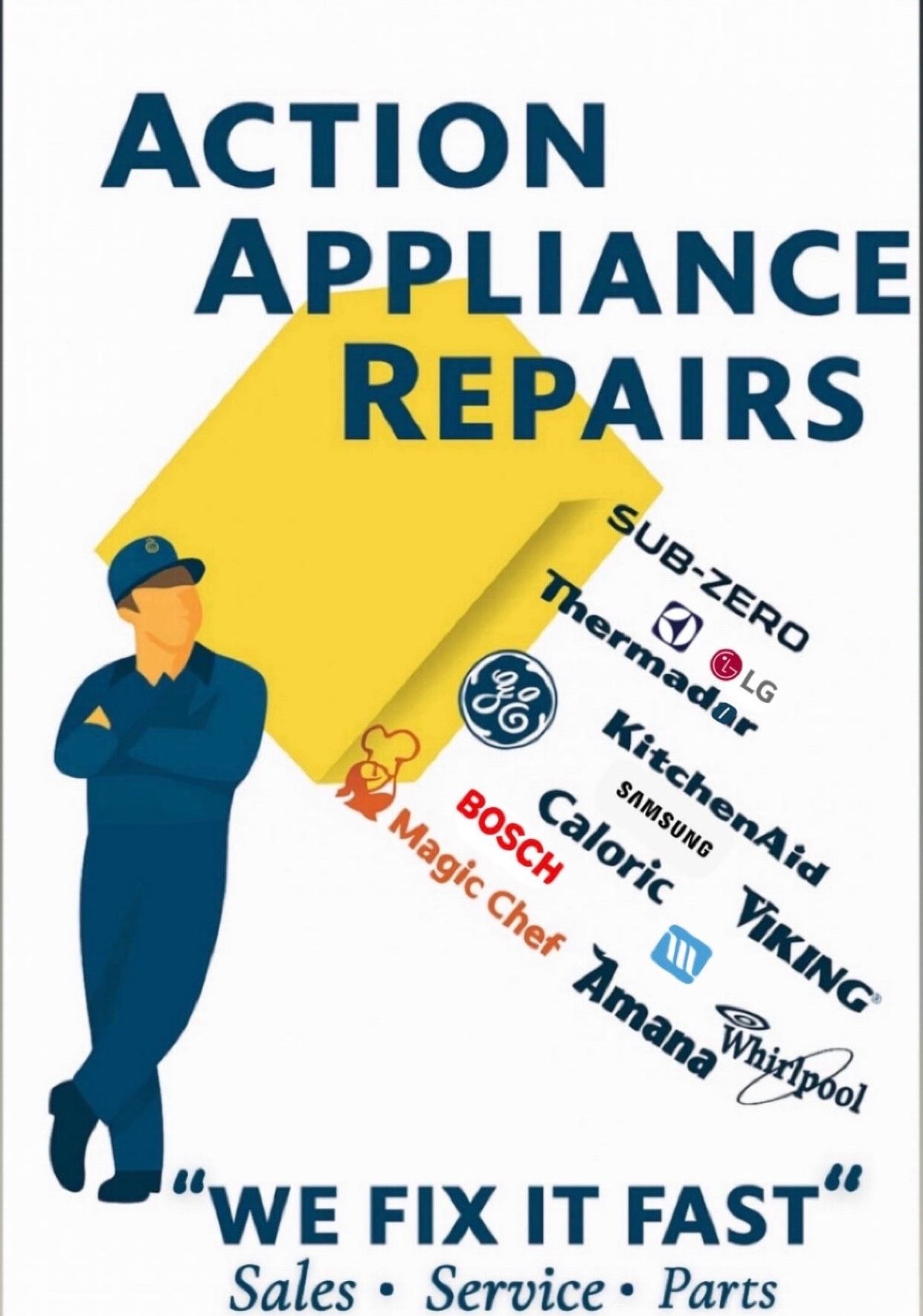 An appliance repair advertisement featuring a technician, appliance logos, and text promoting fast repair services.