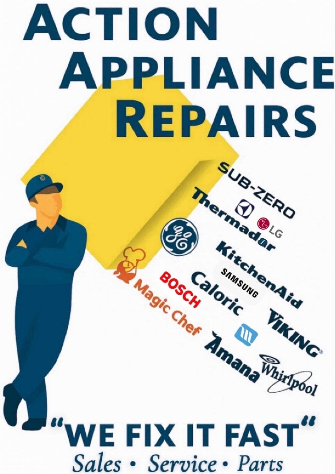 Advertisement for Action Appliance Repairs featuring a repairman, appliance brand logos, and tagline 