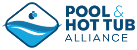 Pool & Hot Tub Alliance logo with blue water drop and wave icon, navy text on white background