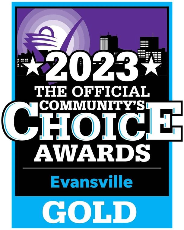 2023 Official Community's Choice Awards Evansville gold badge with purple skyline