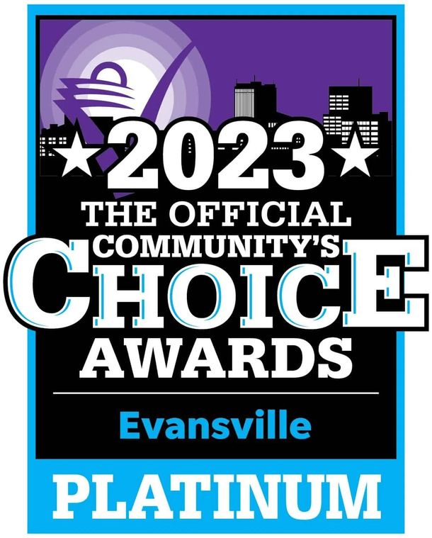 2023 Official Community’s Choice Awards badge for Evansville, platinum, purple and black design