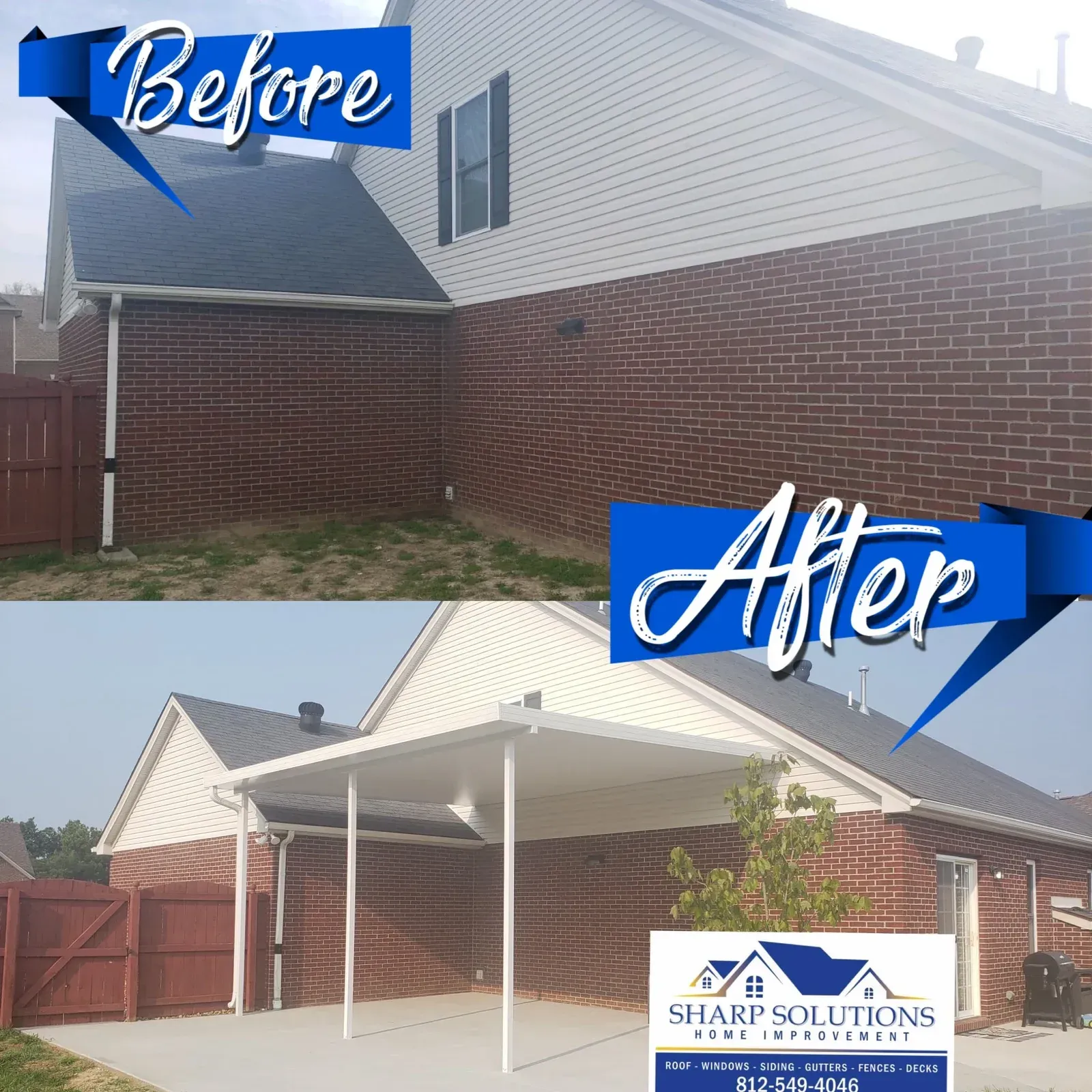 Before-and-after of a brick house patio: old dark cover replaced with a white covered patio and posts.