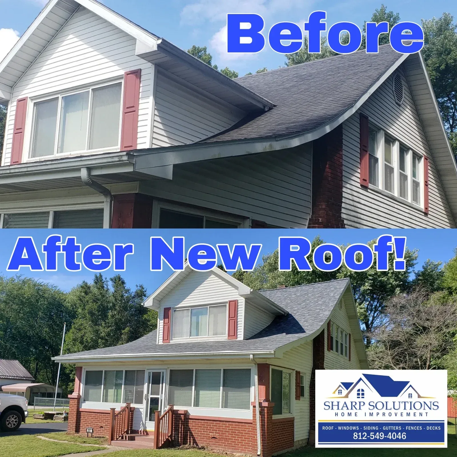 Before-and-after of a house roof replacement, showing the old roof and the new gray shingle roof.