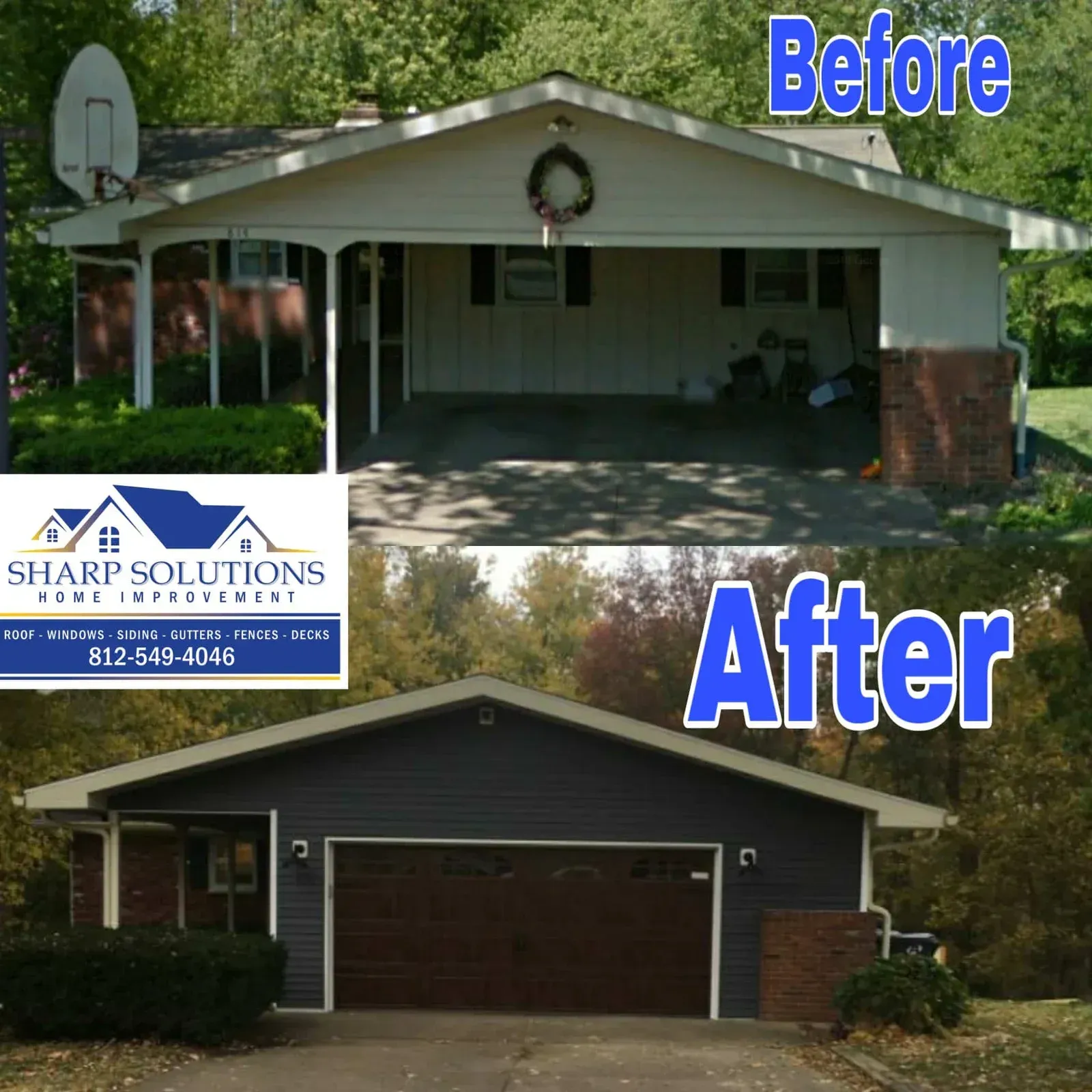 Before-and-after of a house exterior renovation, showing a dark painted garage/front facade and updated trim.