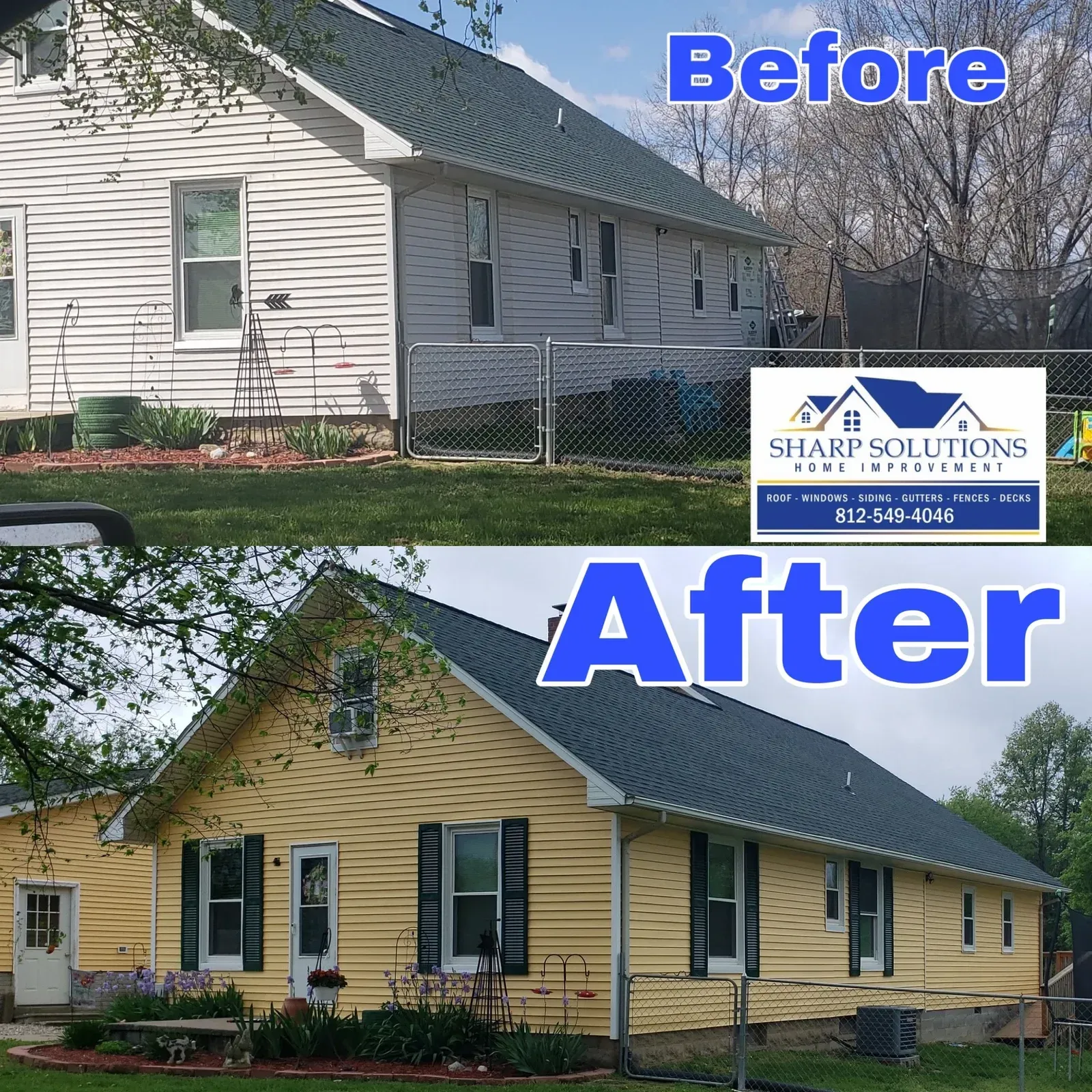 Before-and-after of a house exterior repaint: white siding to yellow with blue trim; Sharp Solutions logo visible